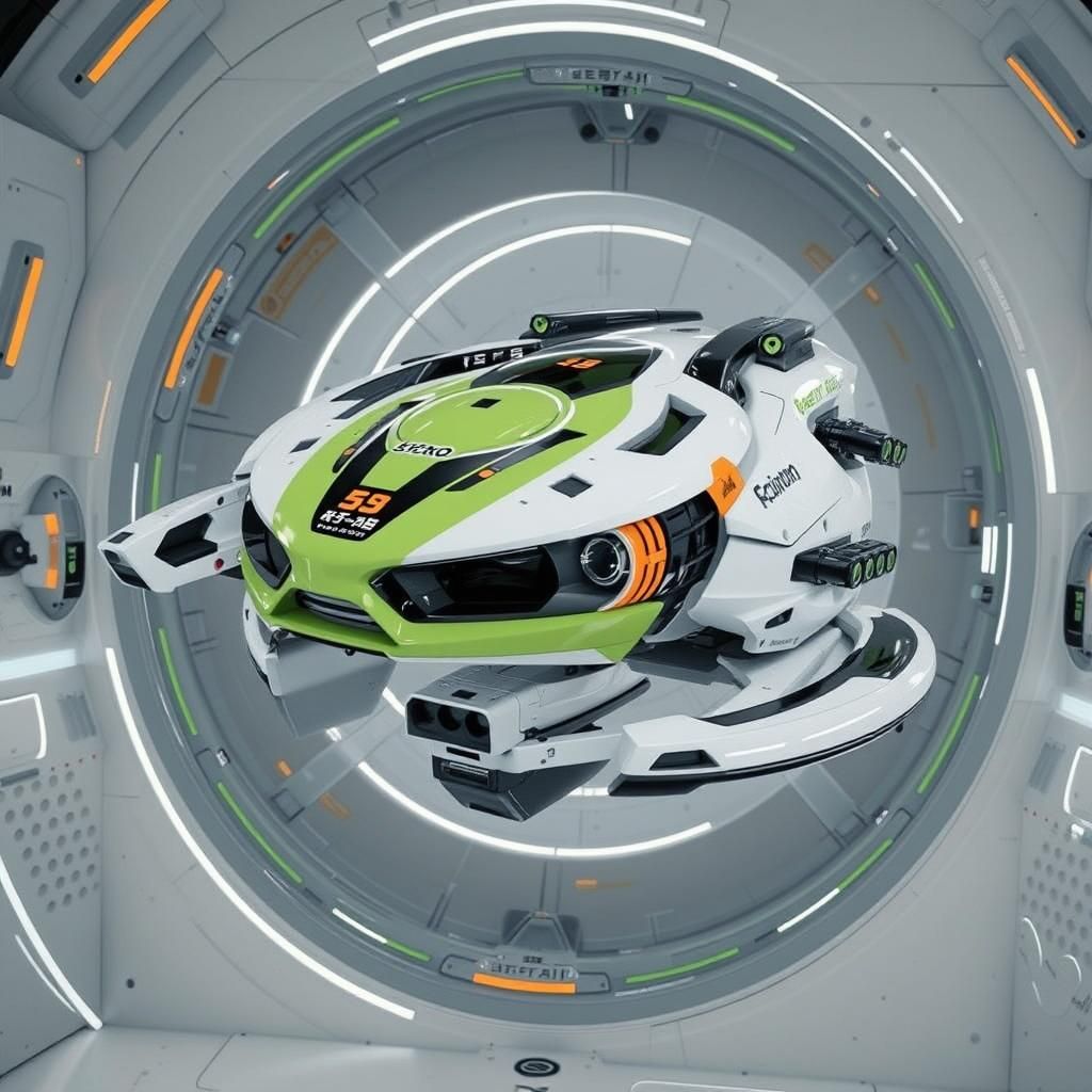 Futuristic Hover Vehicle in Airlock with Neon Lights