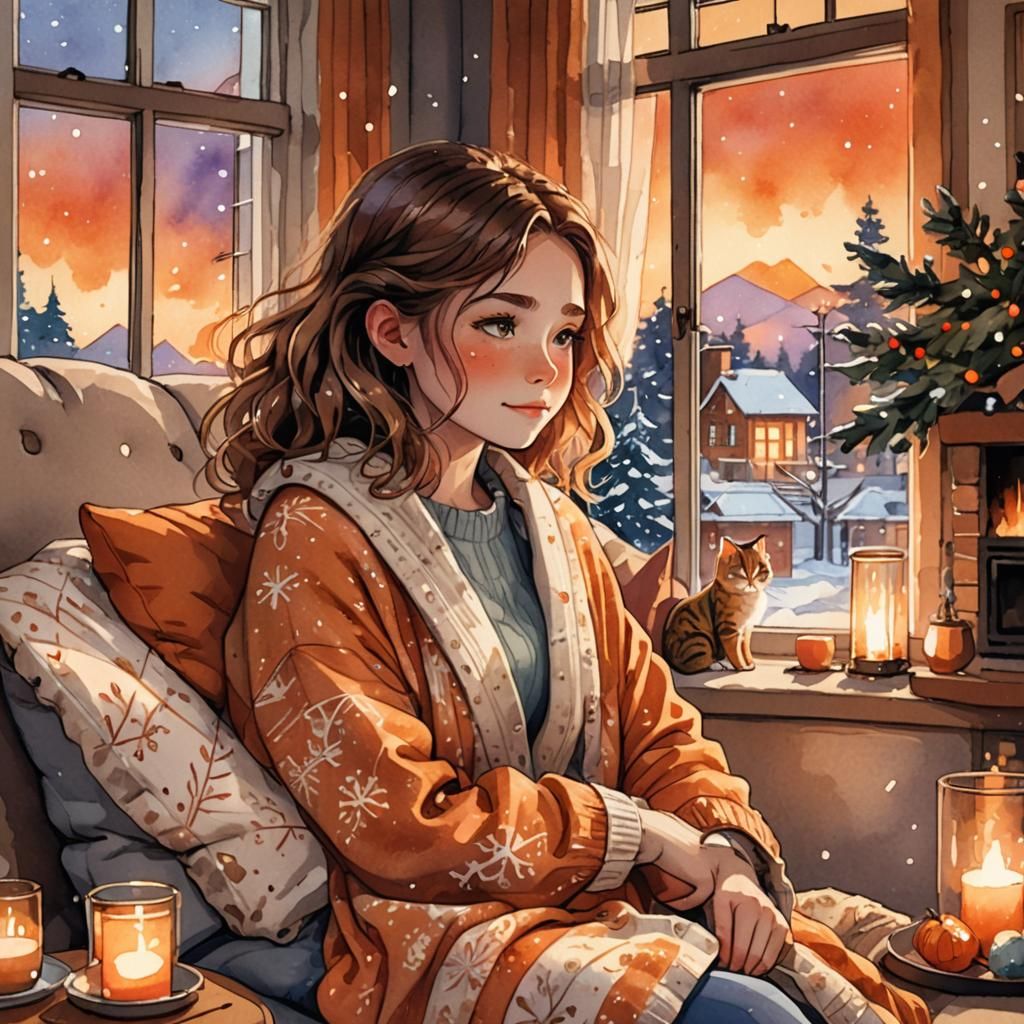 Cozy Evening: Girl and Cat by Fireplace, Watercolor Art