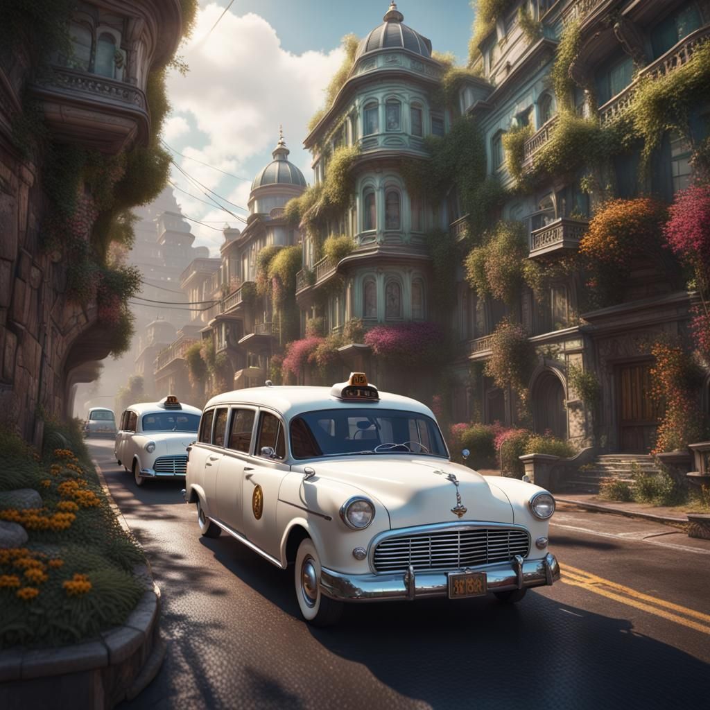 Relaxing Sunday Drive in White Taxi: Detailed Matte Painting