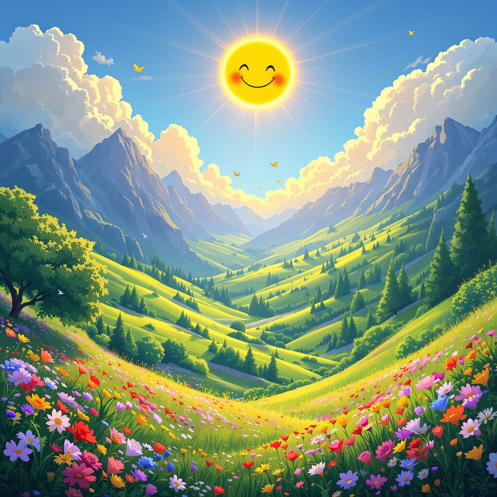 Smiling Sun Over Vibrant Valley Landscape