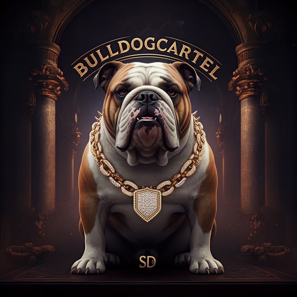 Bulldog in Gold Chain with Mystical Backdrop