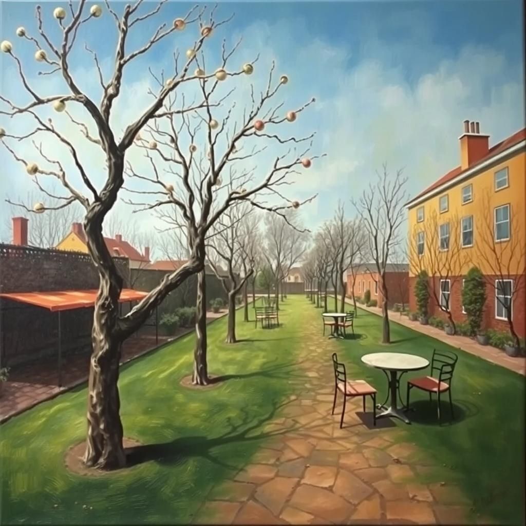 Surrealist Cafe Scene in Spring: Dali-esque Oil Painting