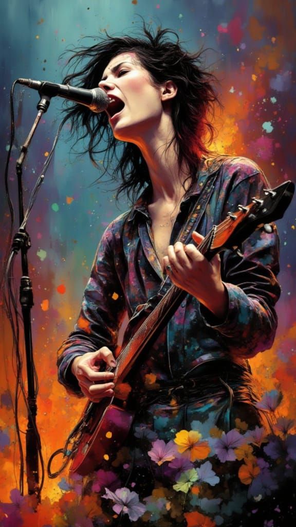 Riot Grrrl Guitarist Screaming into Microphone