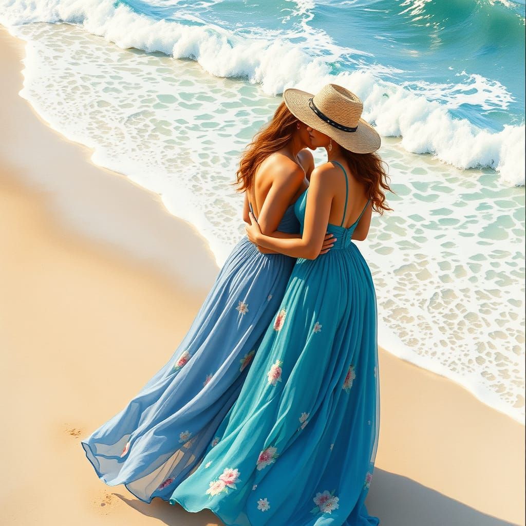 Romantic Summer Beach Scene in Watercolor Style
