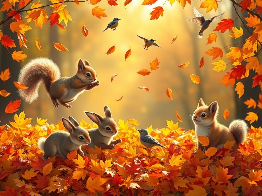 Woodland Animals Dancing in Autumn Leaves