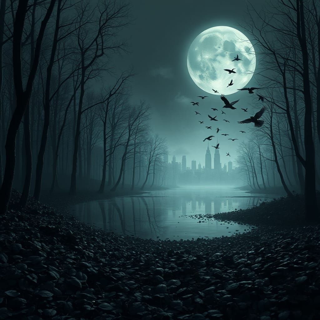 Eerie Dark Forest with Apocalyptic Lake, Matte Painting