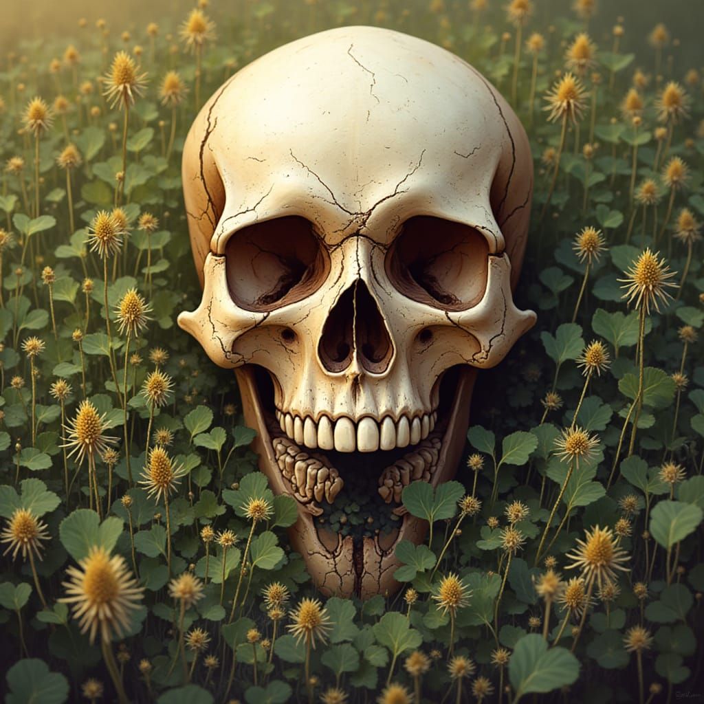 Crystal Skulls Amidst Lush Plant Growth and Sunlight