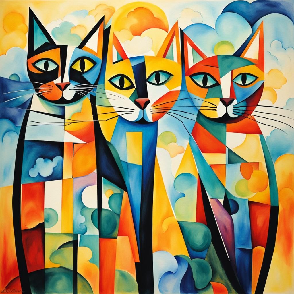 Dancing Cats in Cubist Watercolor Painting