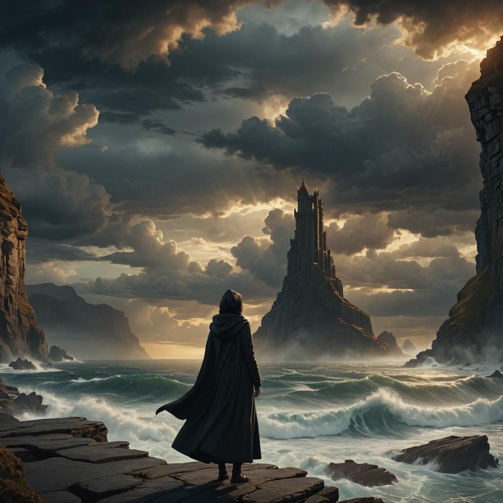 Woman on Stormy Cliff in Art Nouveau Style