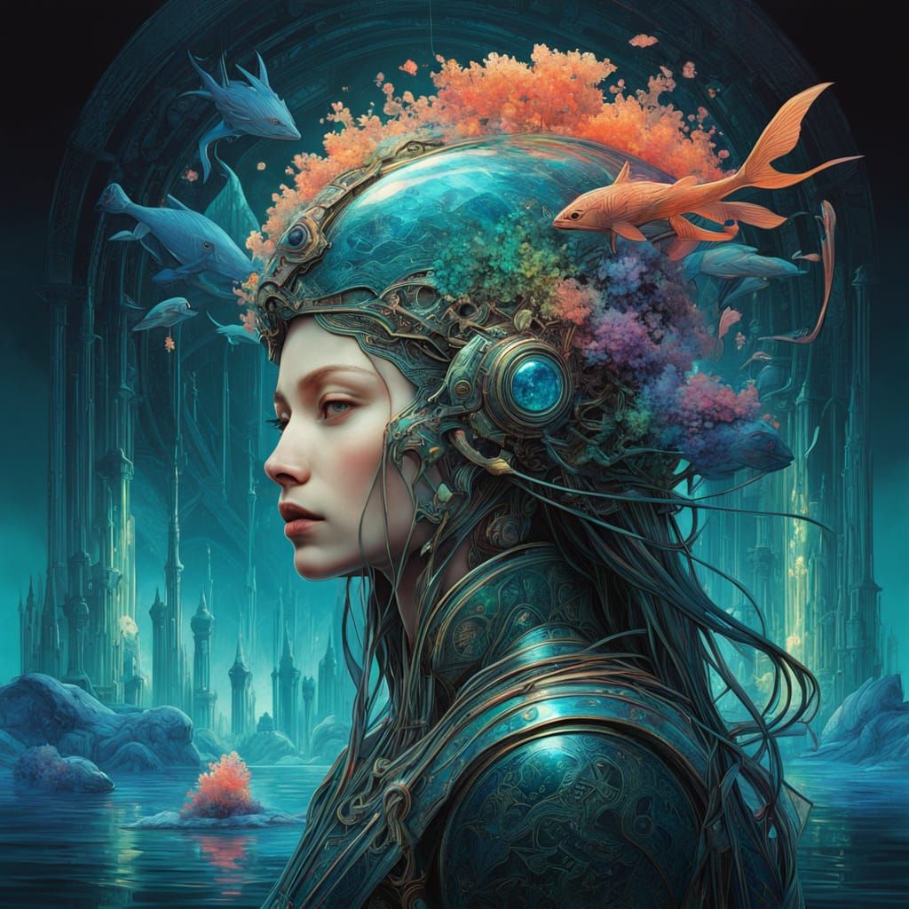 Surreal Warrior Queen in Cyberpunk Art Nouveau Style