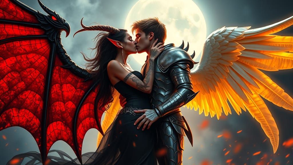 Passionate Kiss Between Angel and Demon