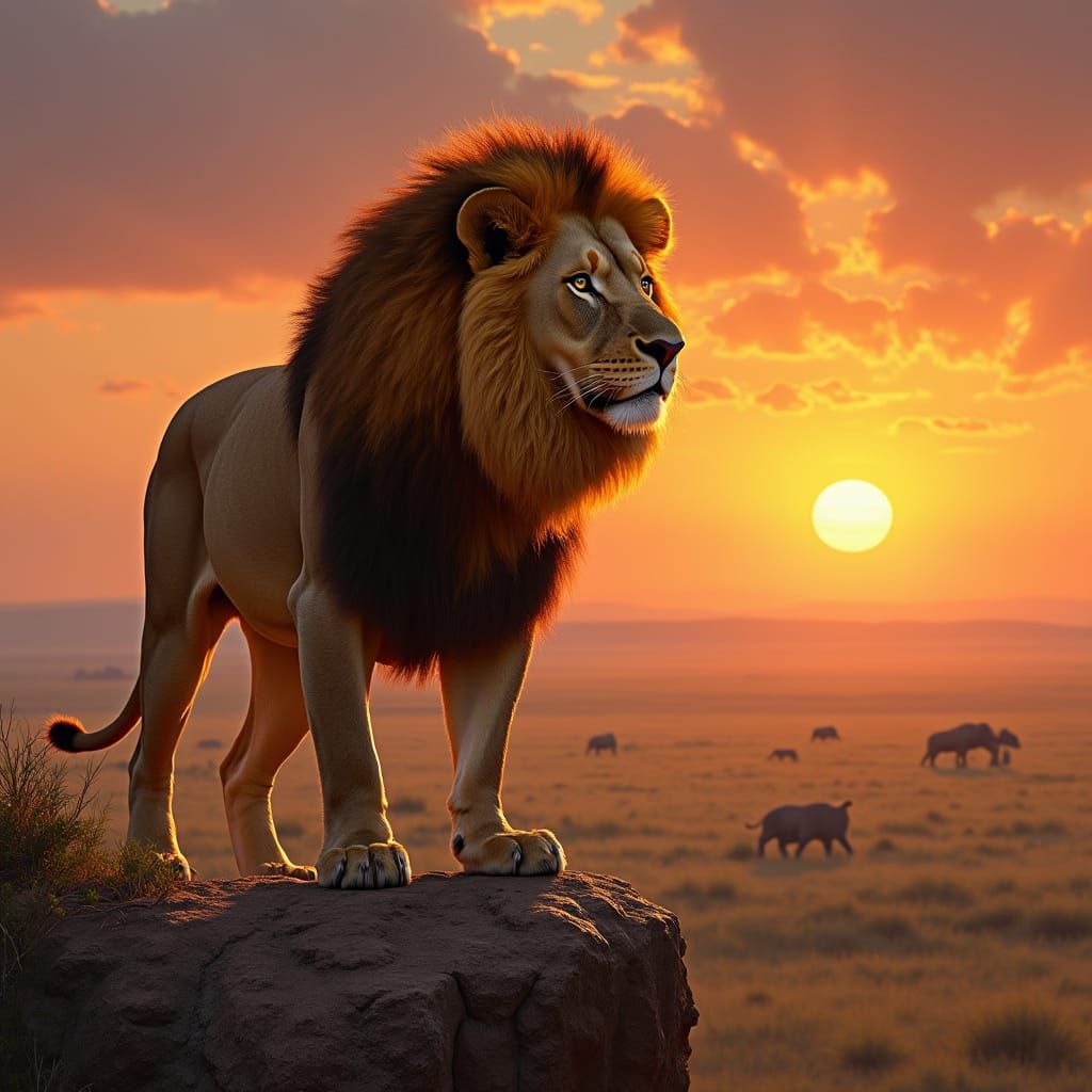 Fiery Maned Lion Overlooking Savanna at Sunset