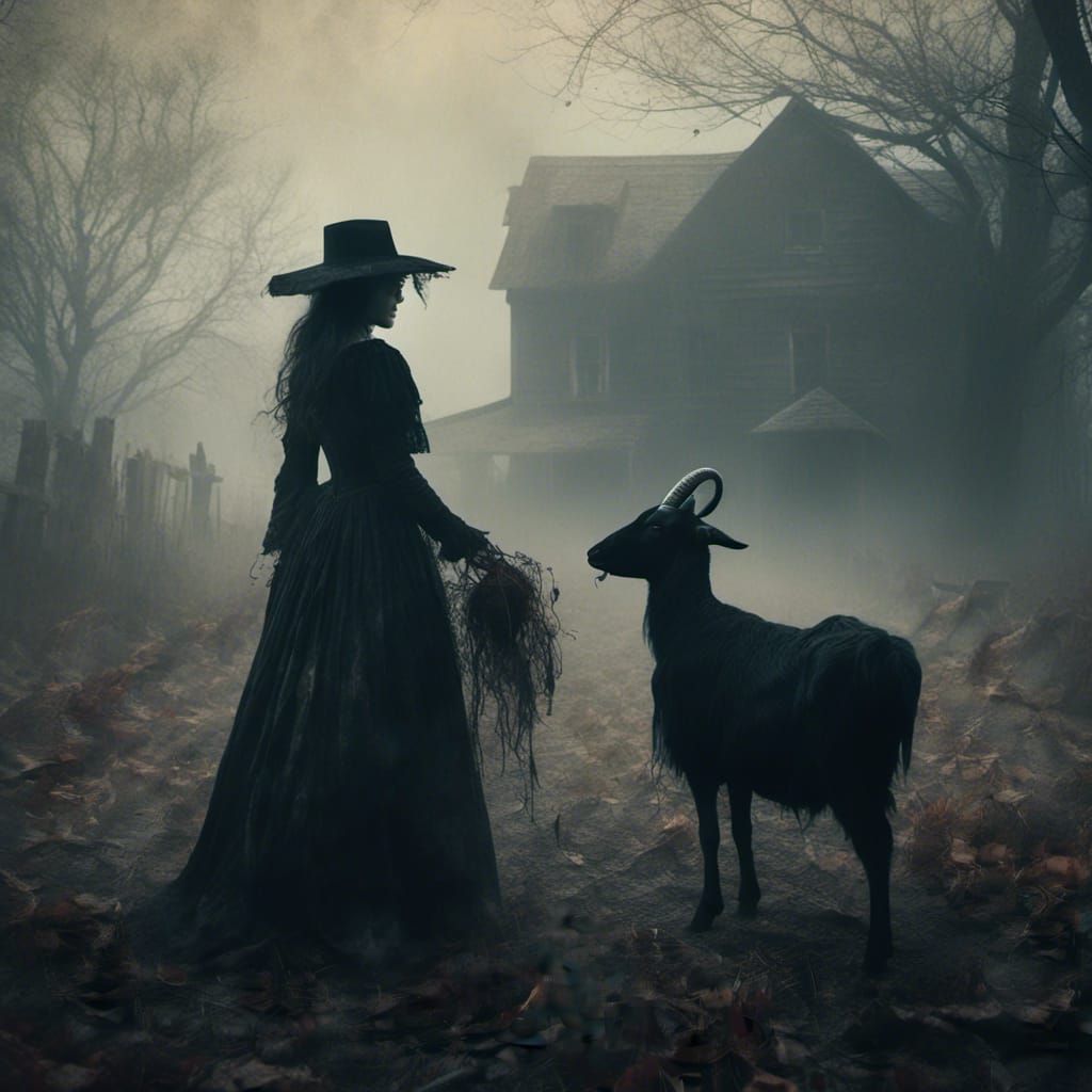 Eerie Salem Witch Embracing Goat in Autumn Fog