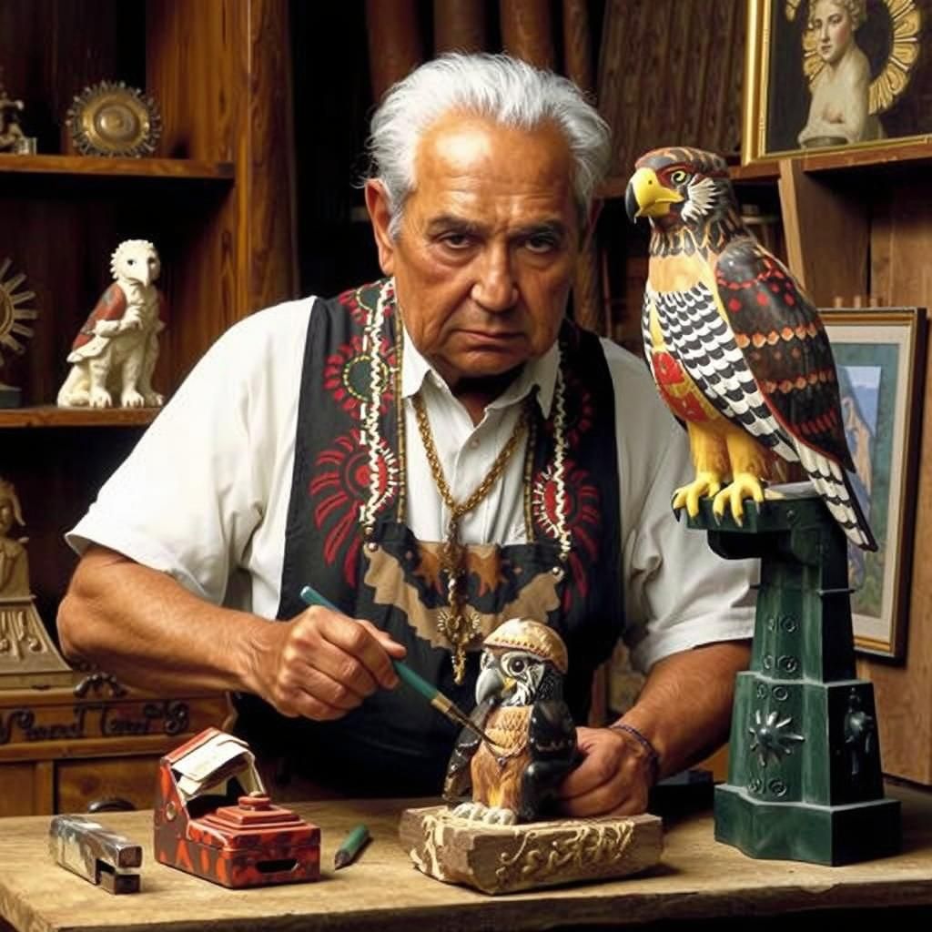 Indigenous Grandfather Carving Hawk Statuette in Workshop