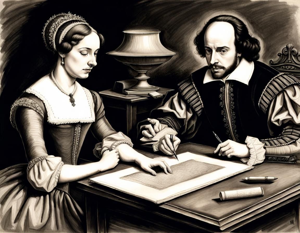 William Shakespeare and his sister, Joan. He takes a piece of paper off her writing table where she is sitting.