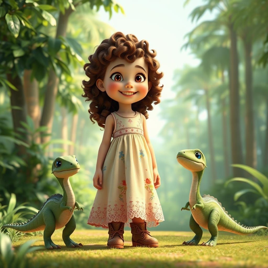 Charming Girl Surrounded by Adorable Tyrrhex Dinosaurs in a....