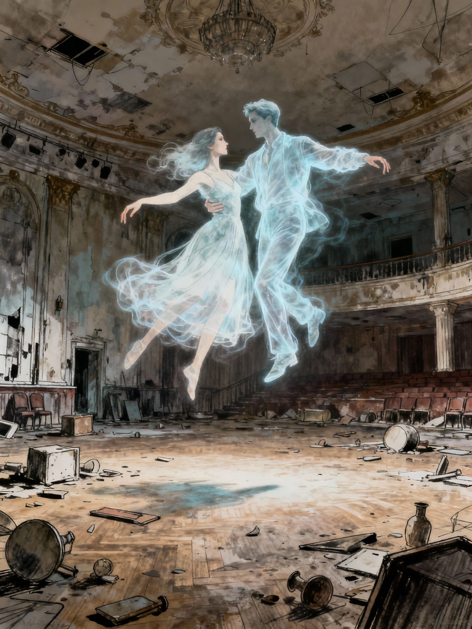 Ghostly Couple Dances in Abandoned Dystopian Ballroom Sketch
