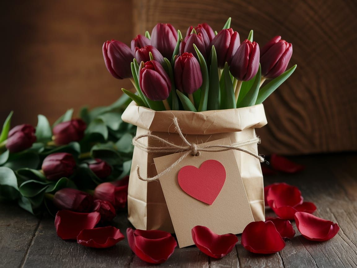 Rustic Red Tulip Bouquet in Cozy Paper Bag
