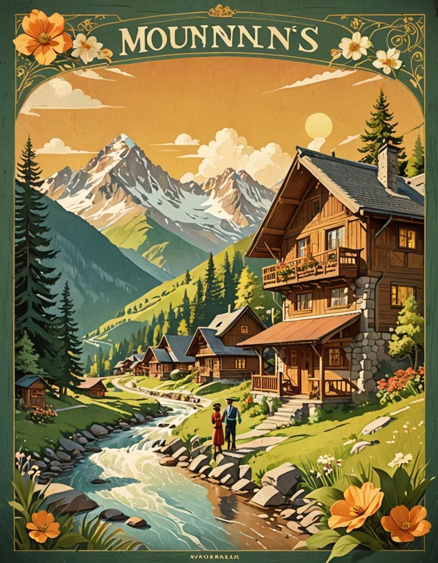 Retro Travel Poster of Mountain Village in Art Nouveau Style