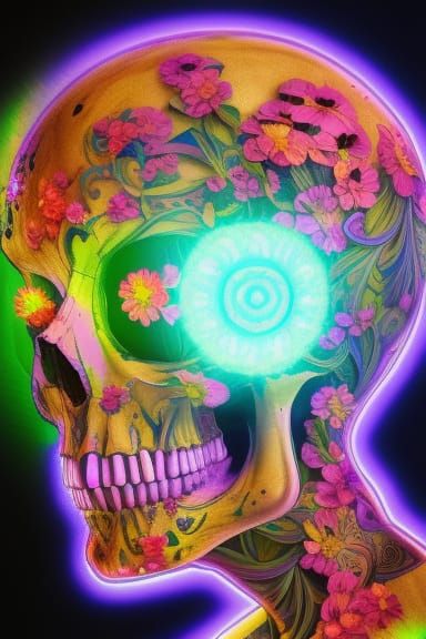Psychedelic Skull with Flowers in Eldritch Style