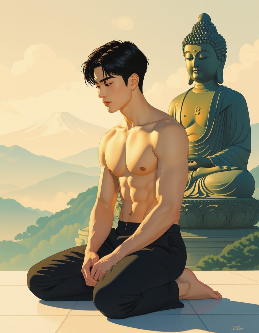 Devotion: Young Man Kneels Before Buddha in Tchelitchew Styl...