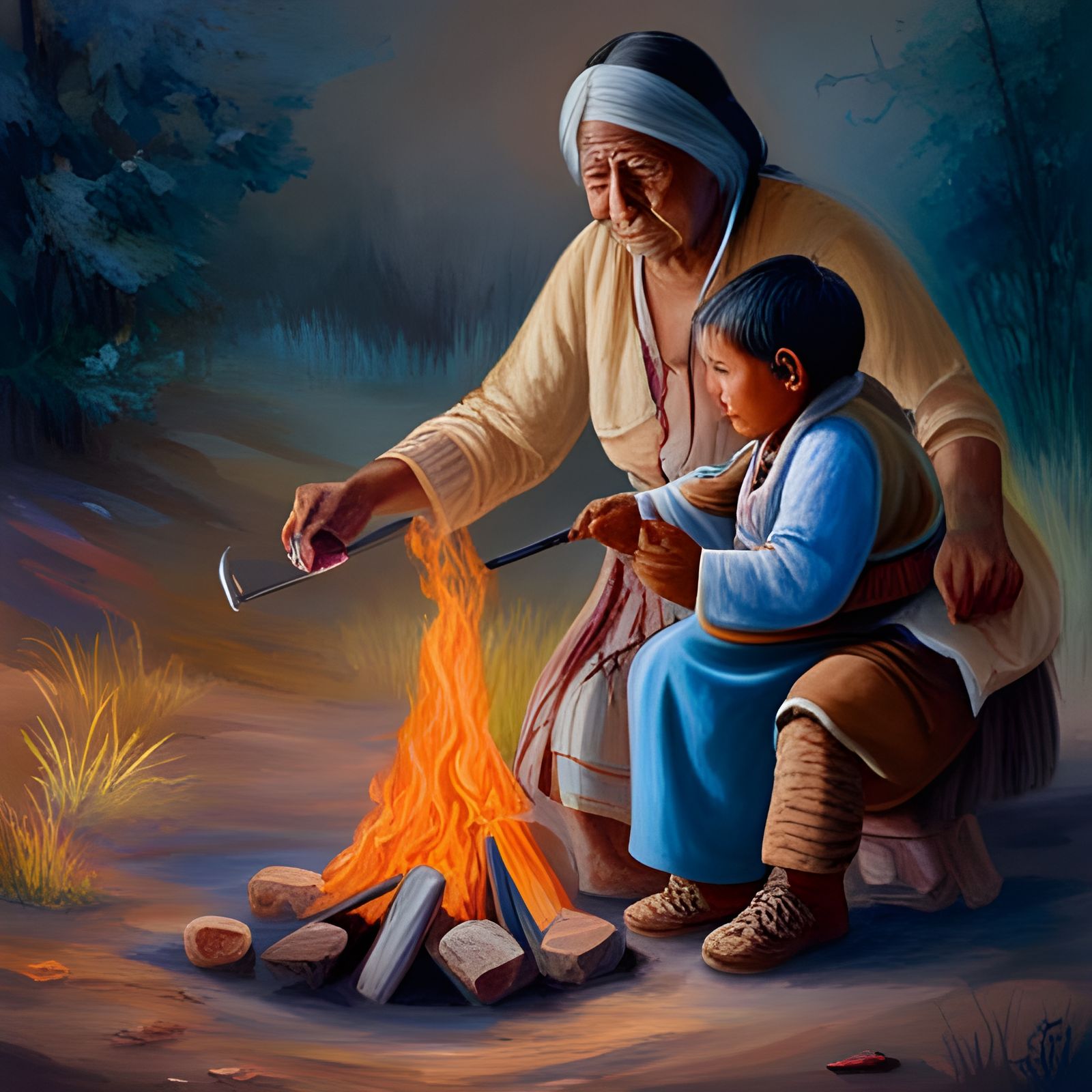 Native American Elder Teaching Boy to Cook