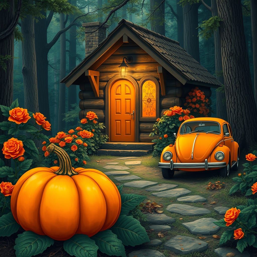 Cabin in Woods with Orange Door, Miyazaki Style