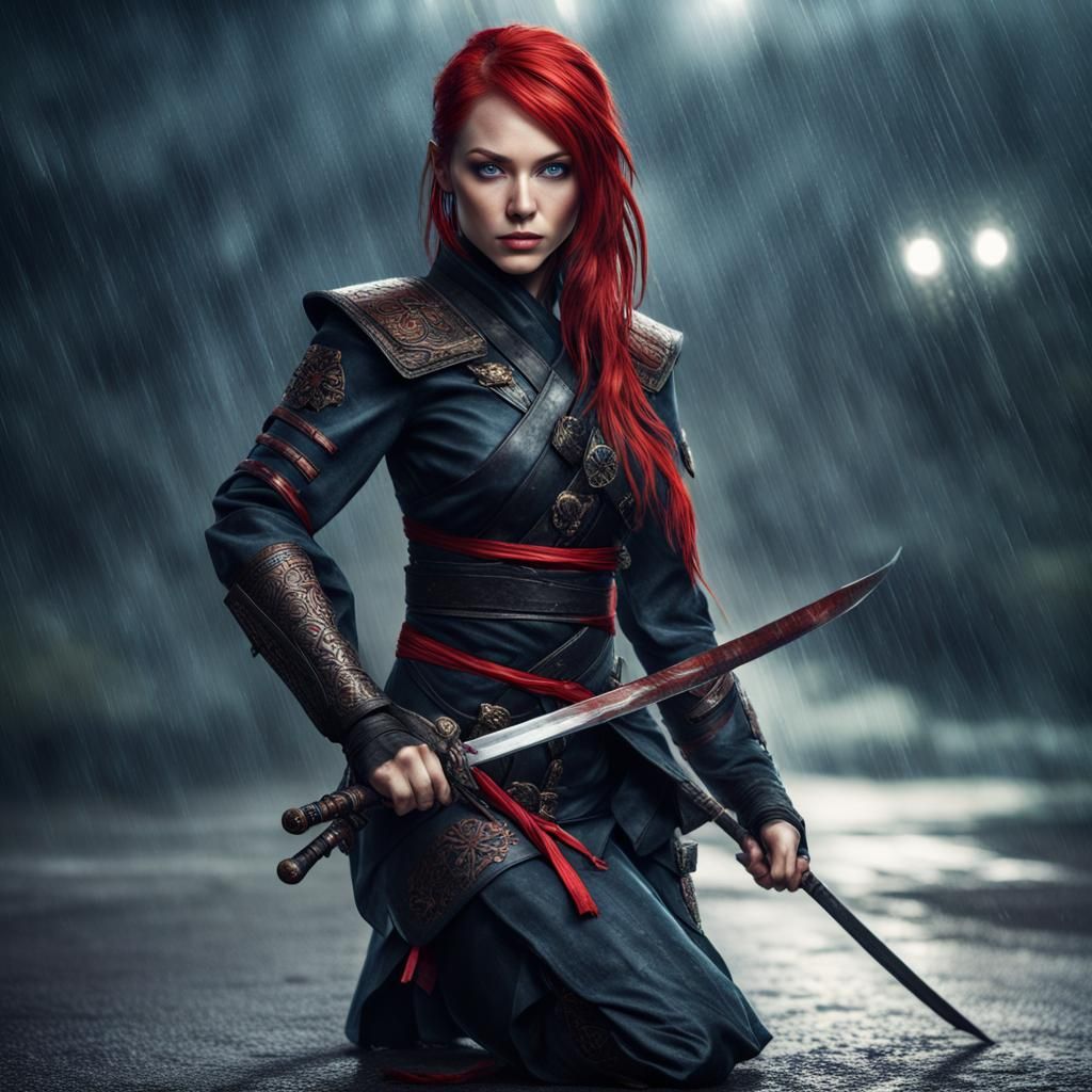 Beautiful Red-Haired Ninja Warrior in the Rain