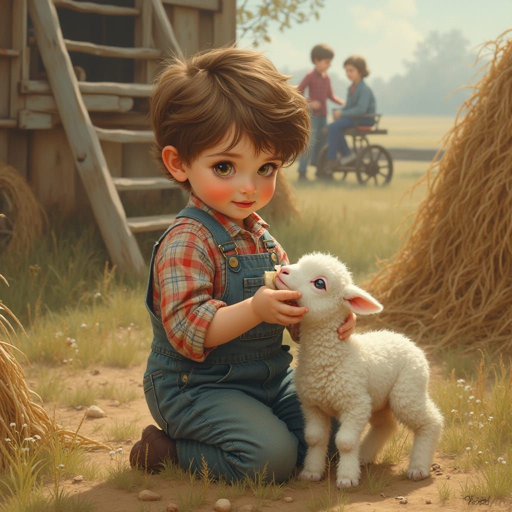 Boy Feeds Lamb in Farm, Rockwell-esque Illustration