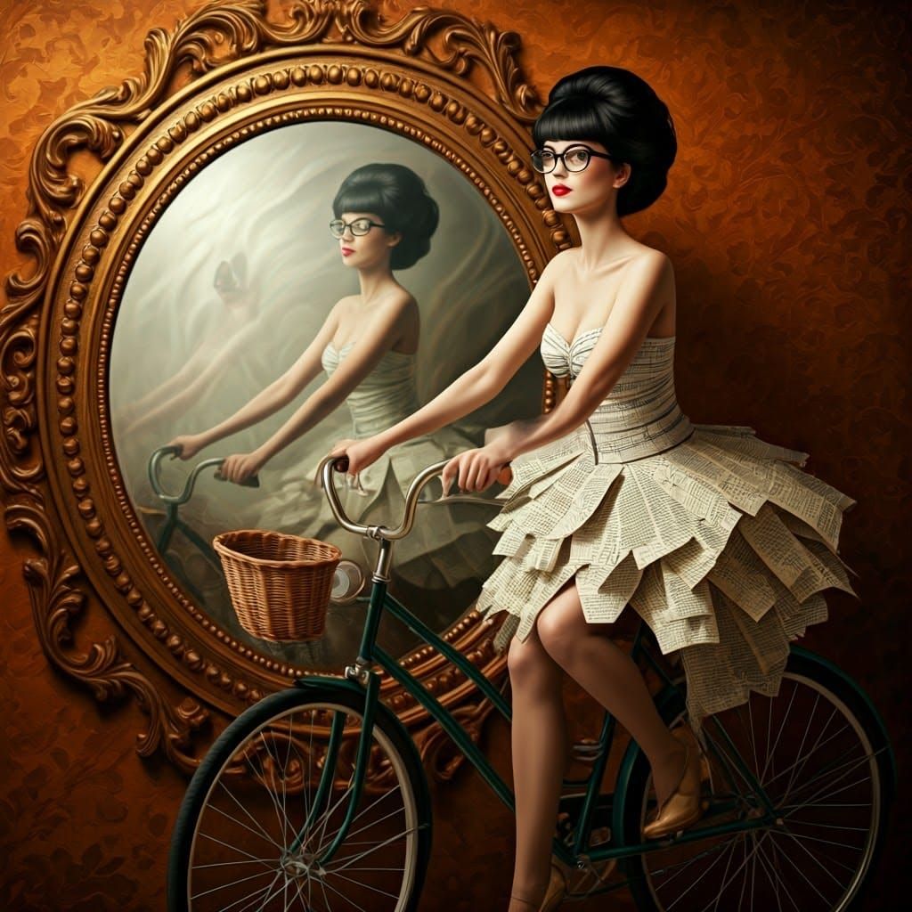 Surreal Newspaper Woman Rides Mirrored Bicycle
