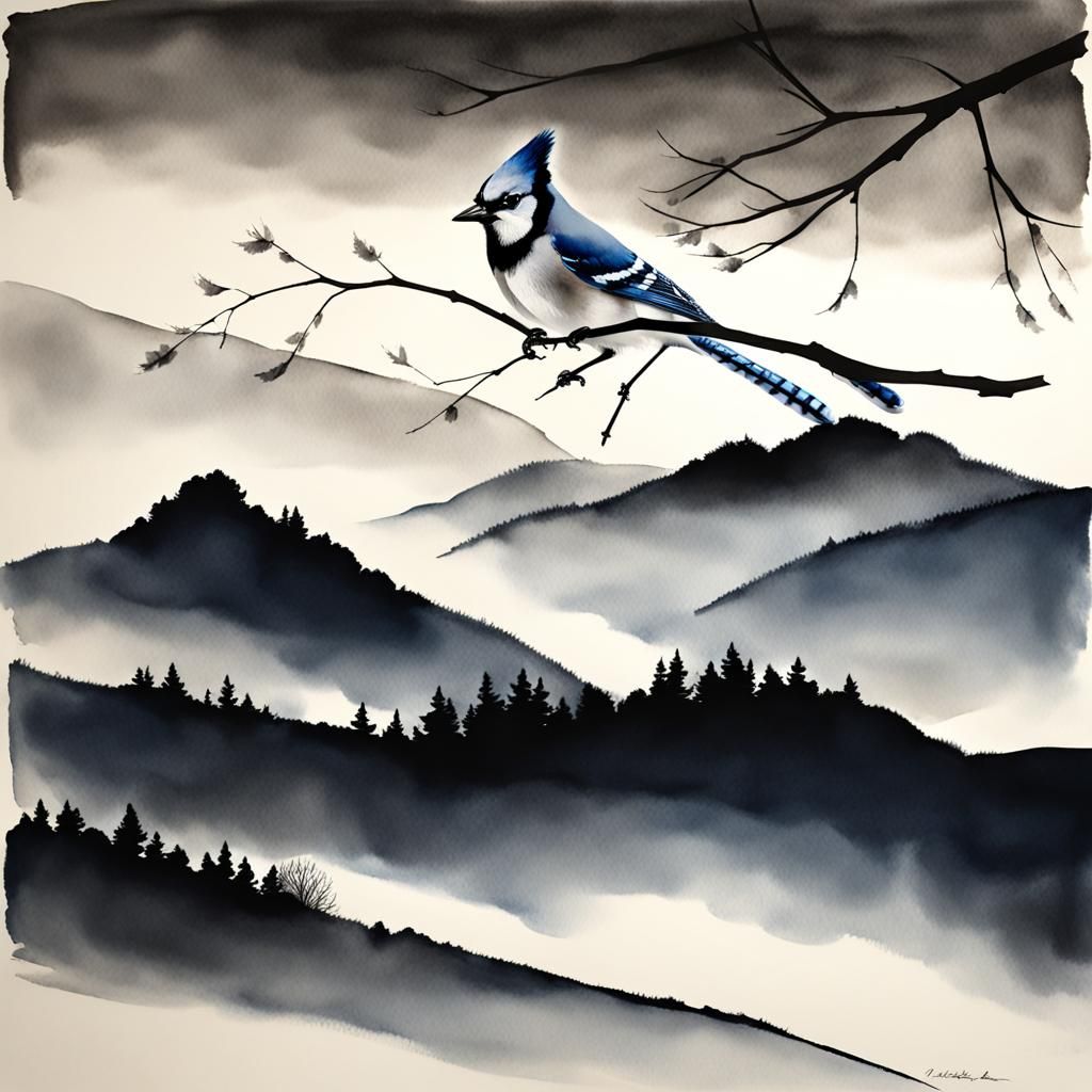 Blue Jay Portrait in Monochrome Ink Wash Style