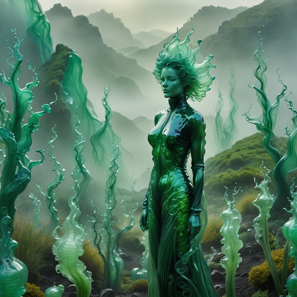 Ethereal Glass Woman in Emerald Landscape