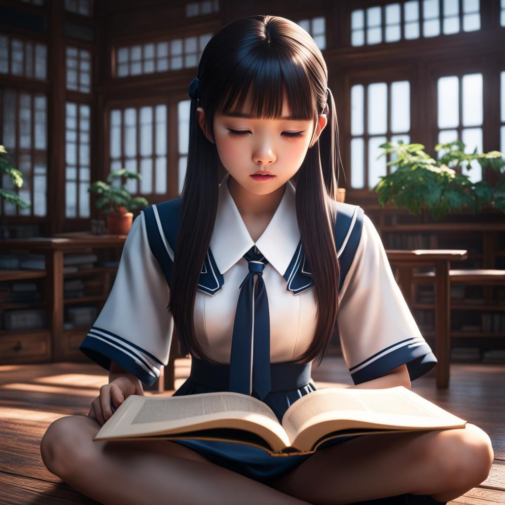 Japanese Schoolgirl Reading: Detailed Matte Painting