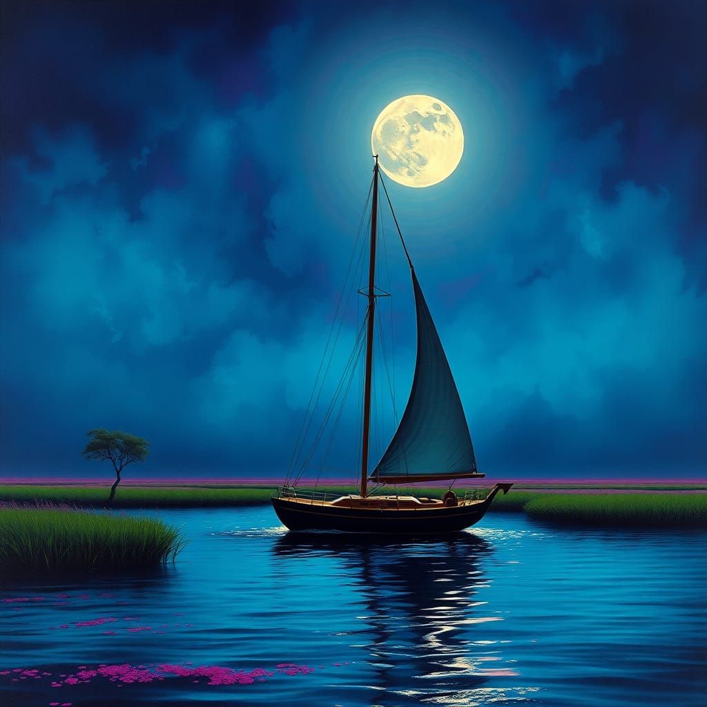 Night Sailboat on the Ocean in Surreal Style