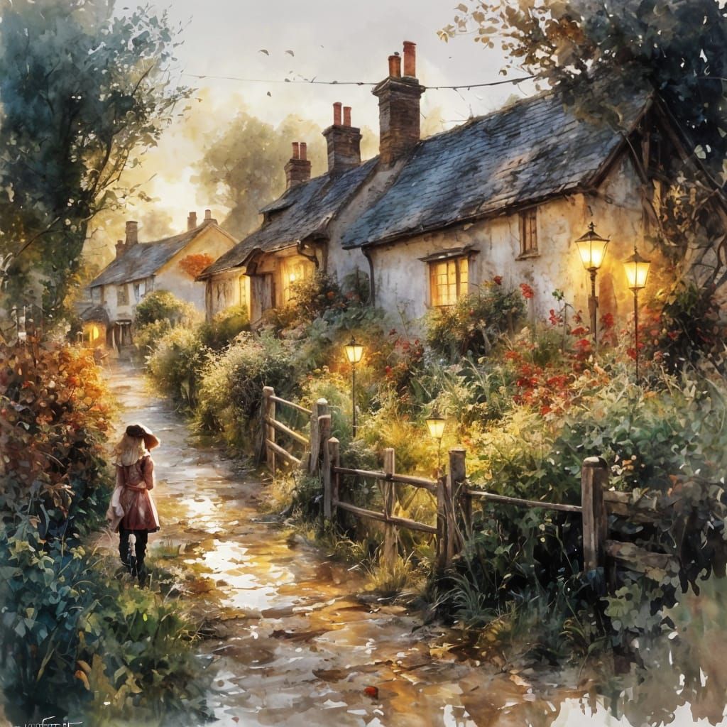 English Country Village at Sunset In Watercolor