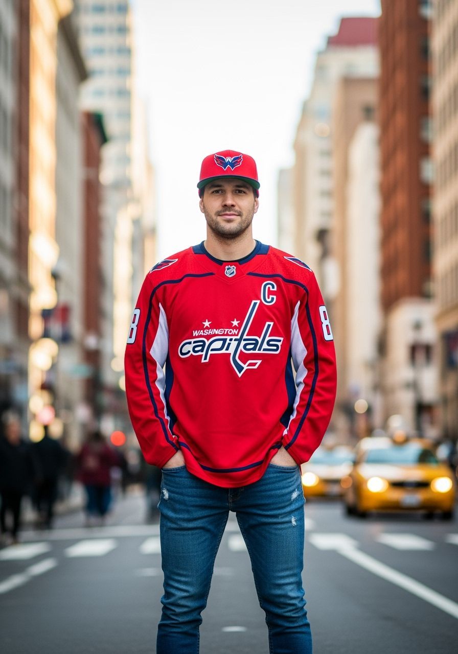 Man in Capitals Gear on a Bustling City Street