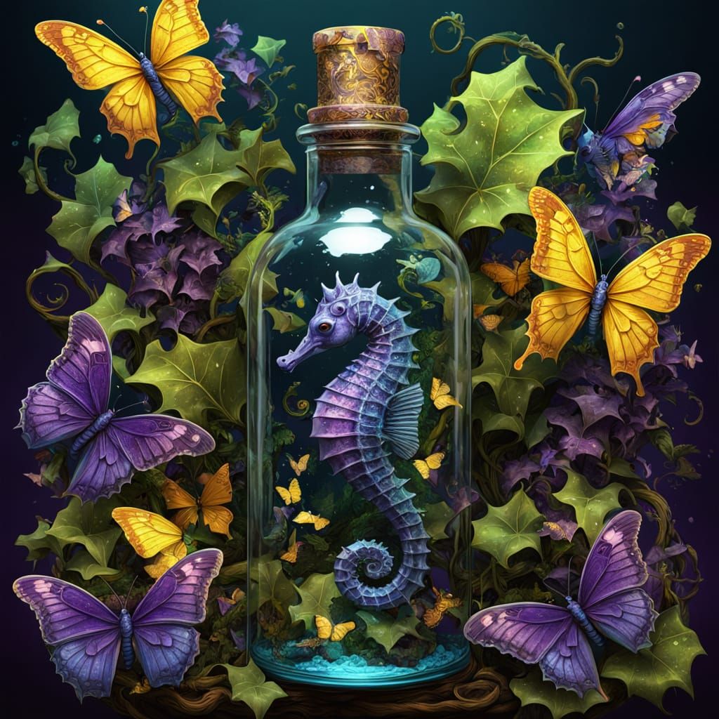 Surreal Scene of a Seahorse and Butterflies in a Vase with I...