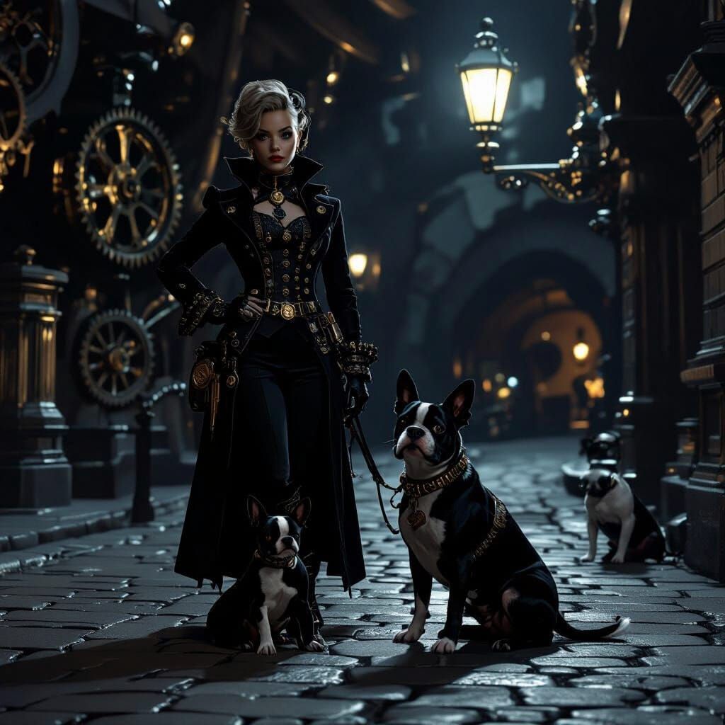 Steampunk Woman with Boston Terriers in Gaslight