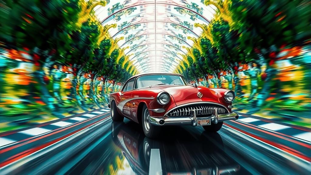 1950s Hot Rod Races Through Escher-Inspired Dream Tunnel
