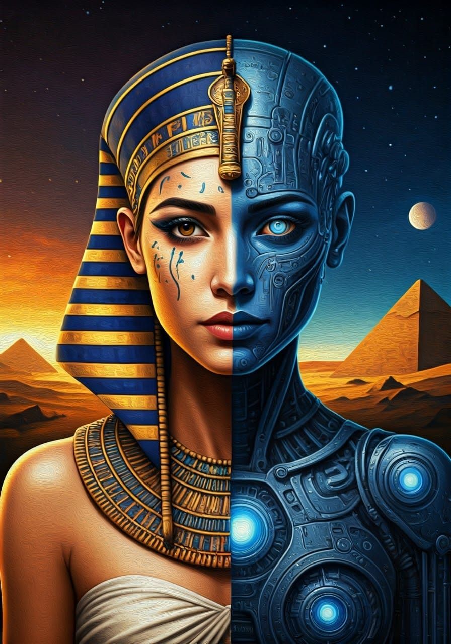 Egyptian Queen Meets Cyberpunk: A Split Portrait