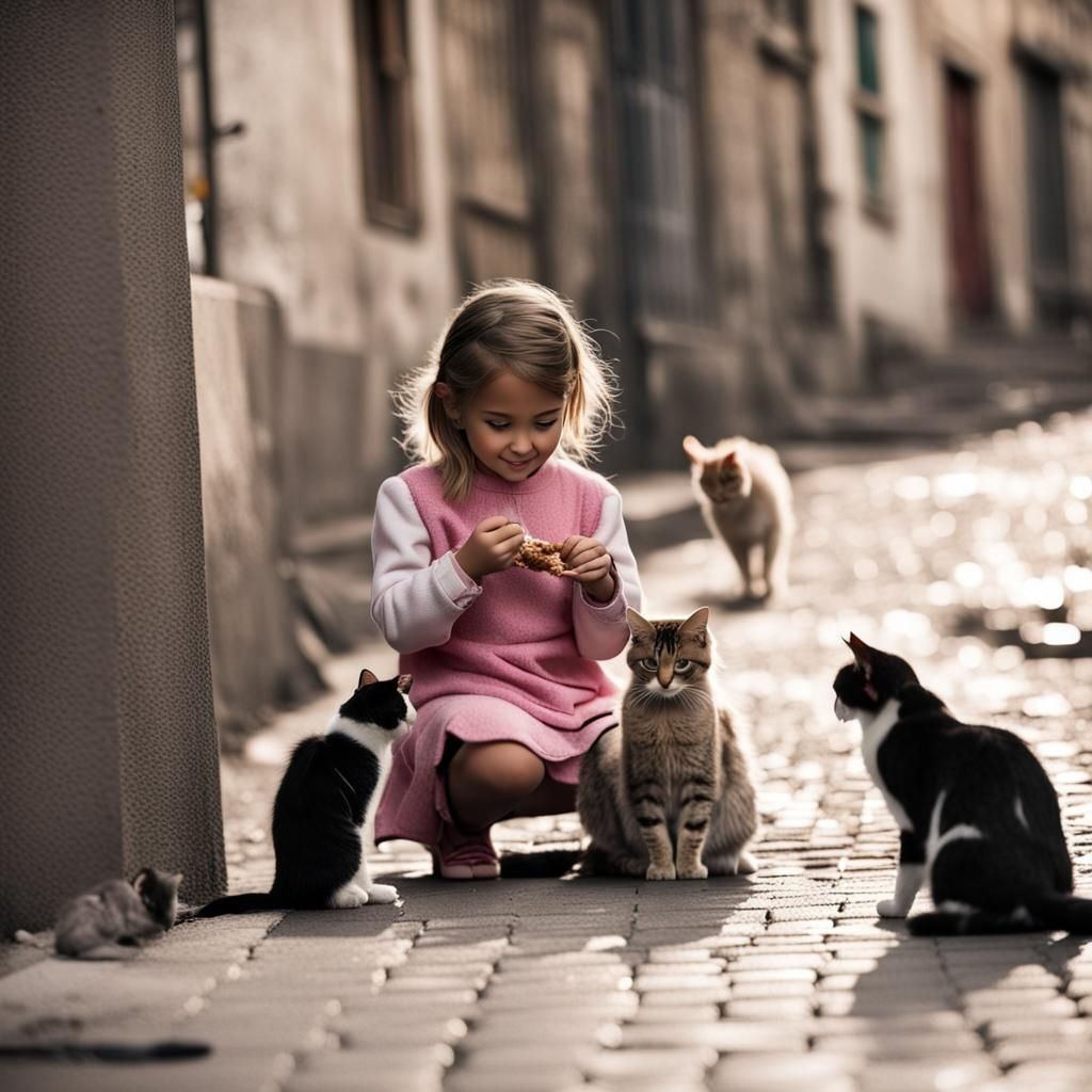 Girl Feeds Stray Cats on Quiet Street