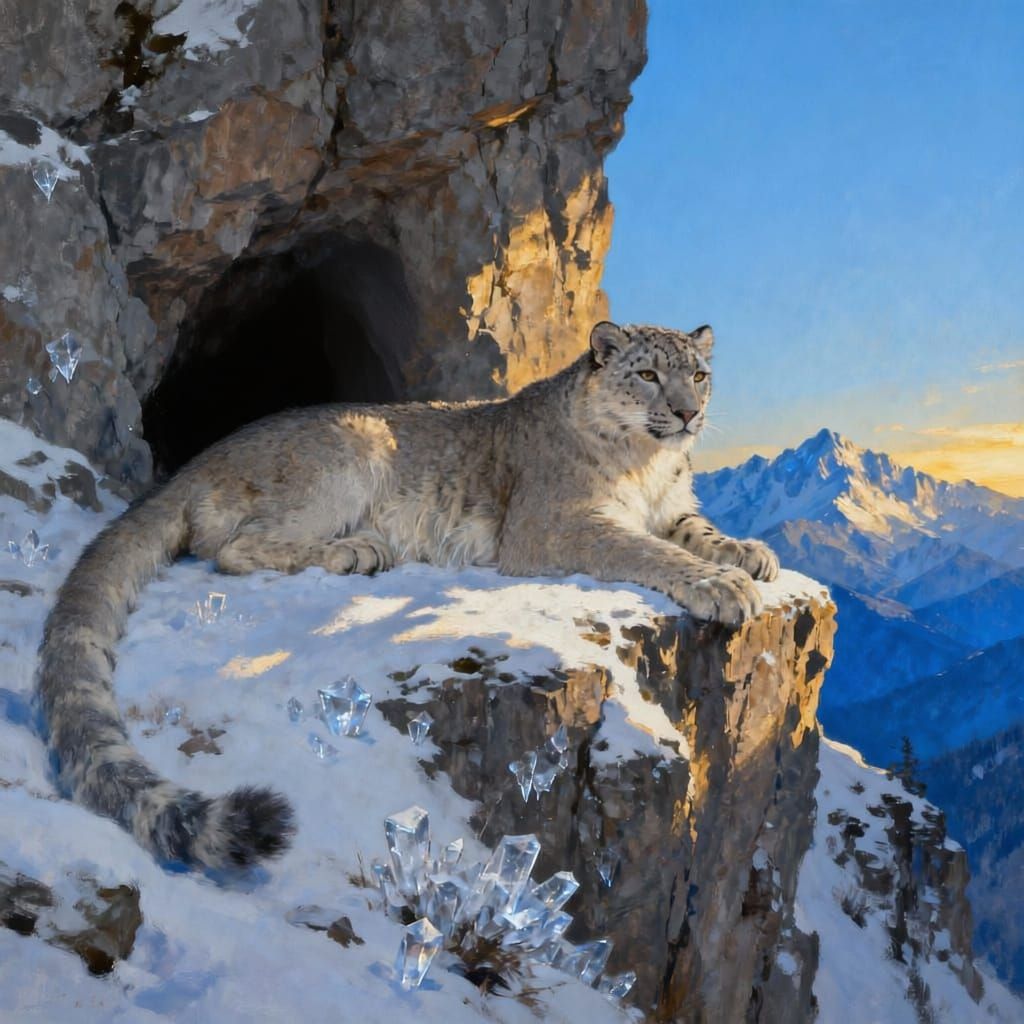 Snow Leopard on Cliff Overlooking Mountain Range
