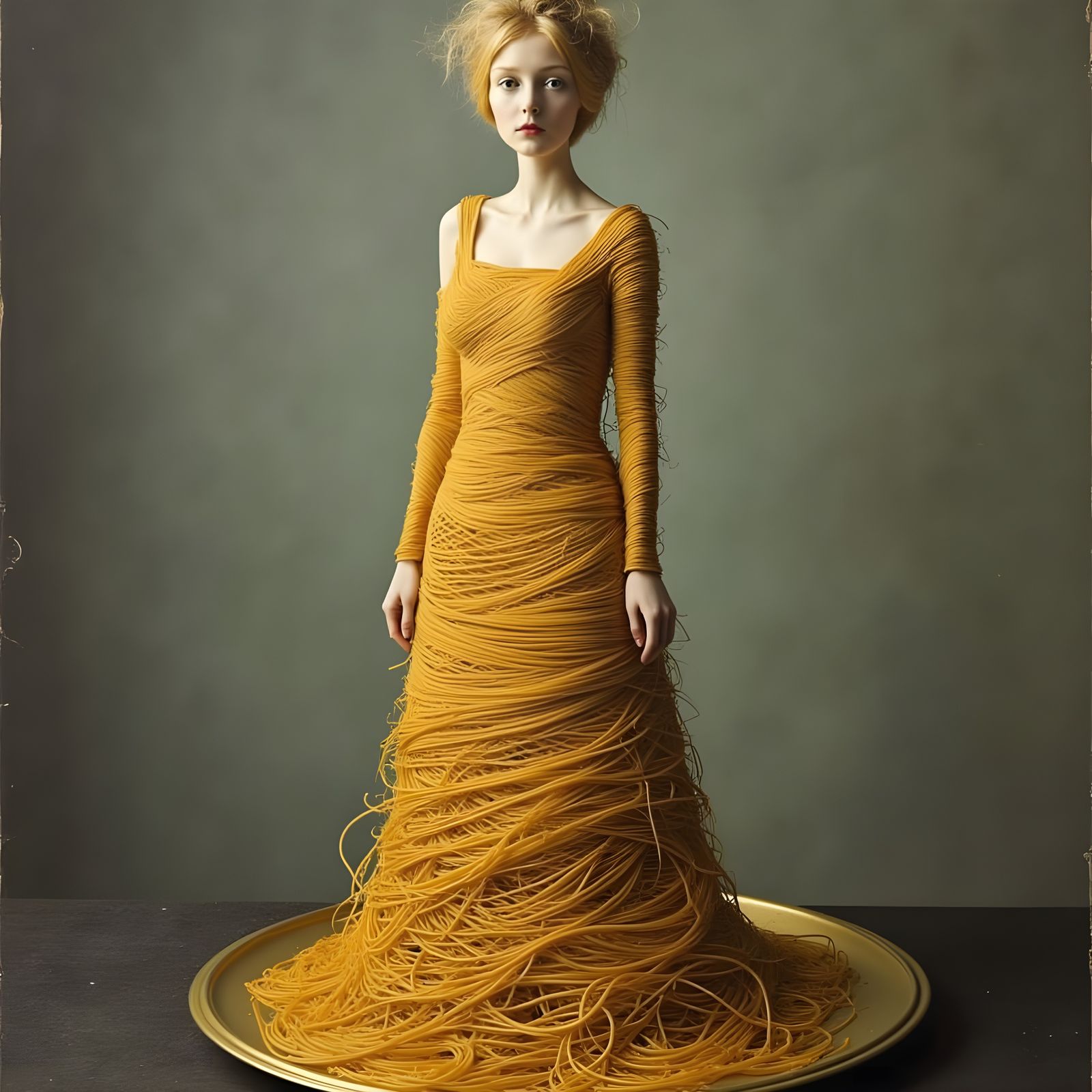 Androgynous Woman in Spaghetti Dress on Serving Platter
