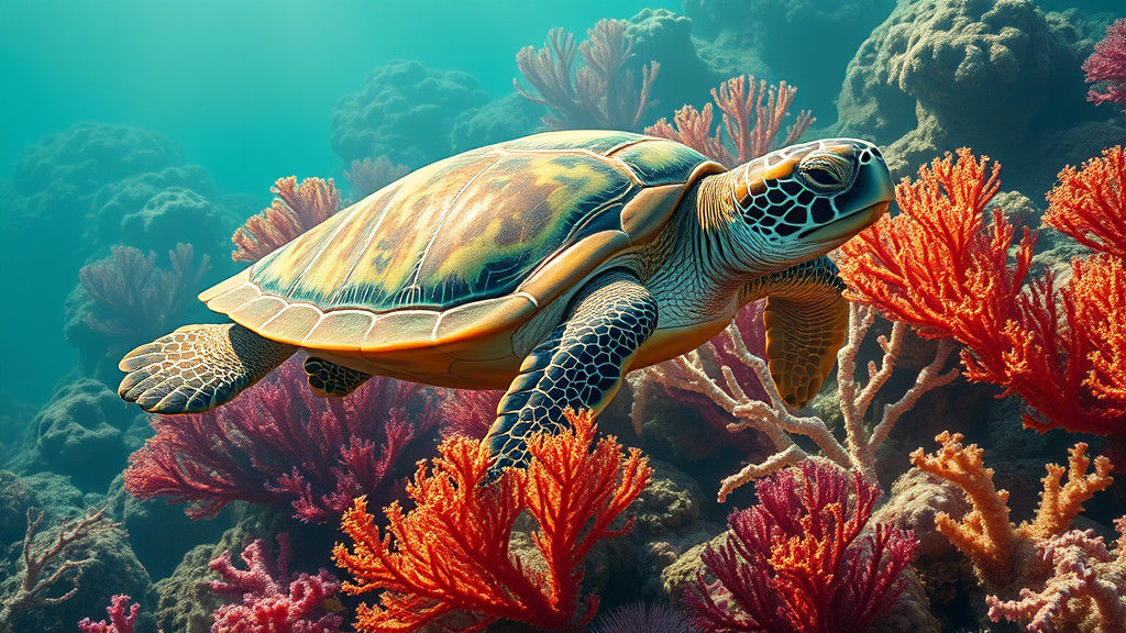 Sea Turtle Gliding Through Coral Reef in Art Nouveau Style