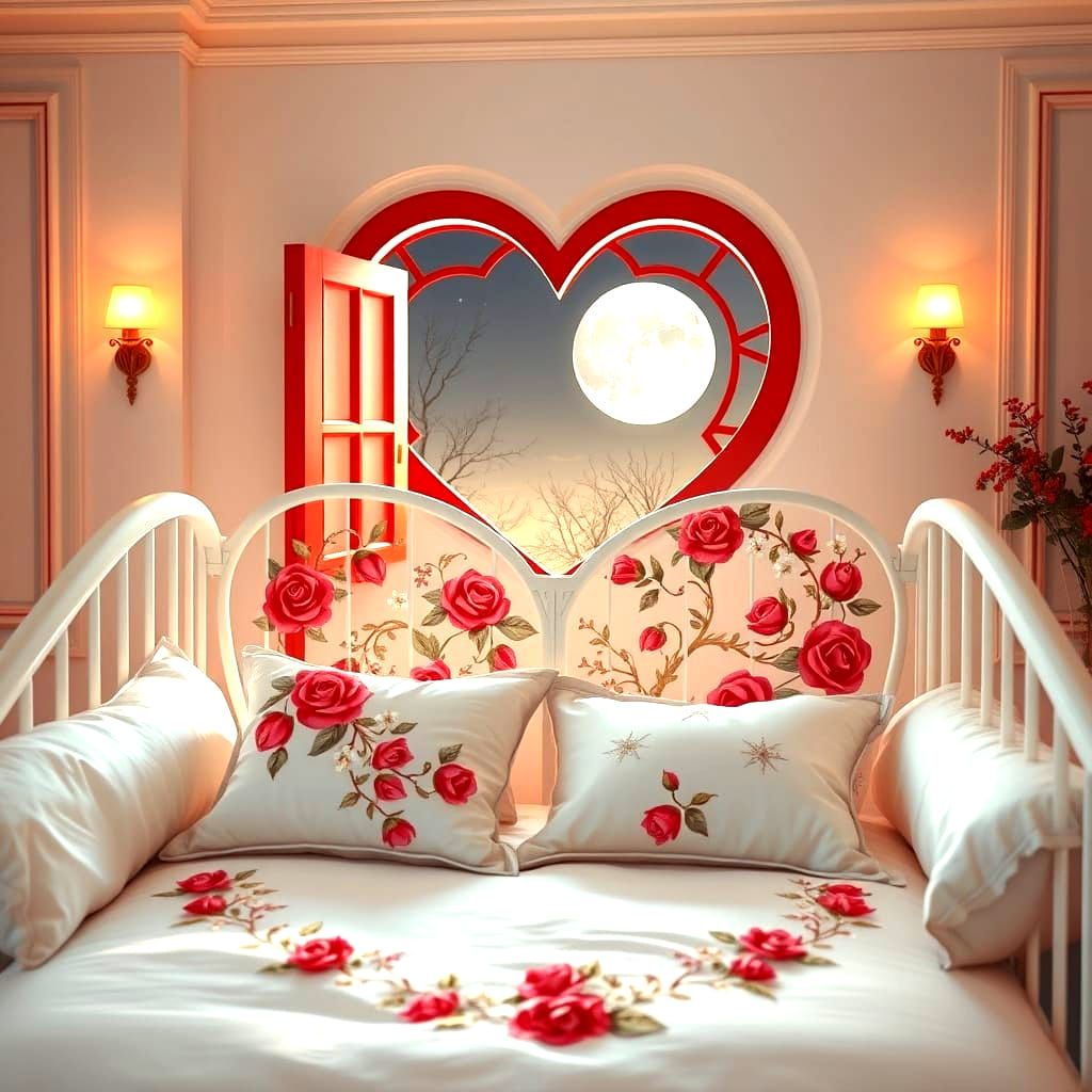 Romantic Bedroom Sanctuary with Heart-Shaped Cot and Embroid...