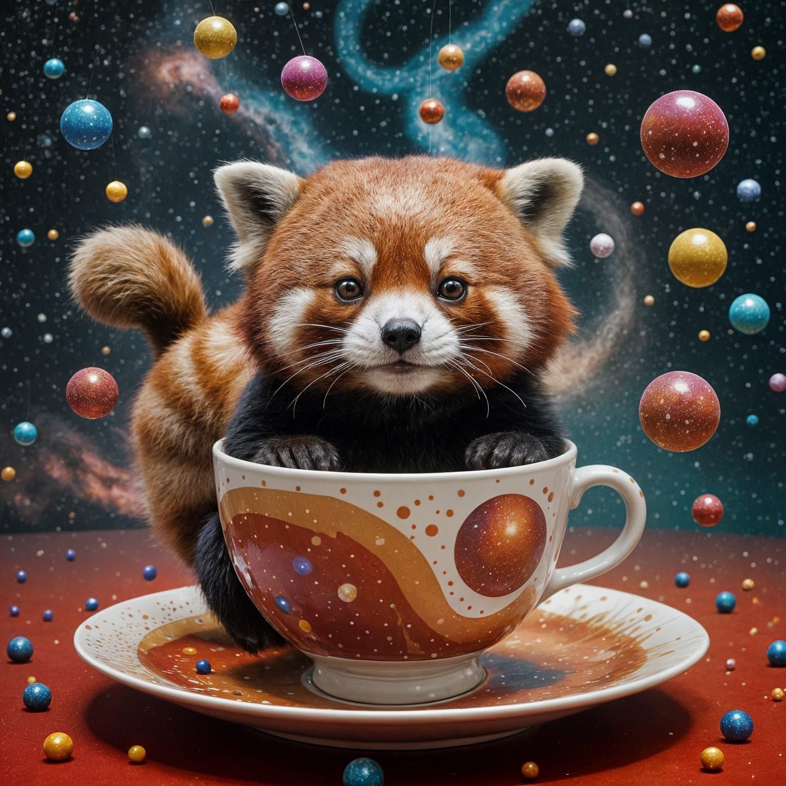 Cosmic Red Panda Chasing Teacup in Galactic Style