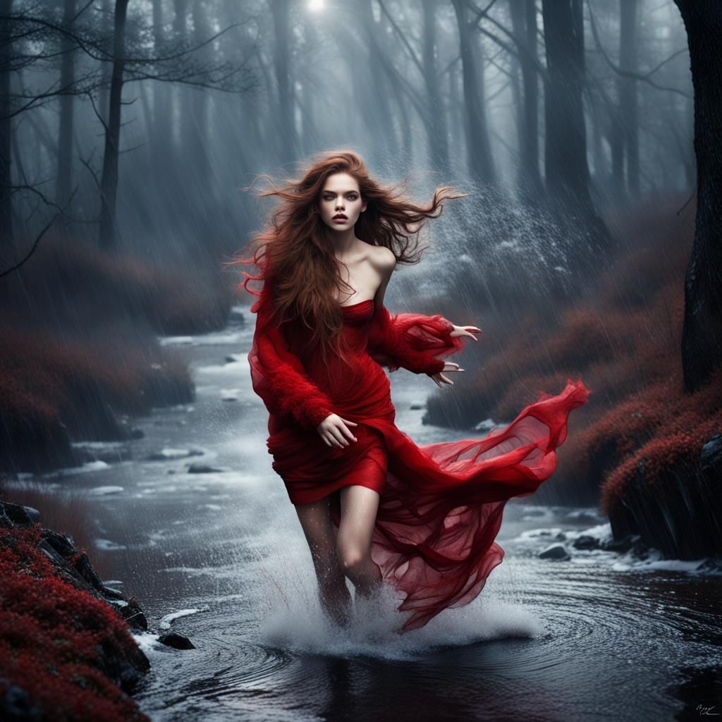 Redhead Santa in Rainy Forest, Hyperrealistic