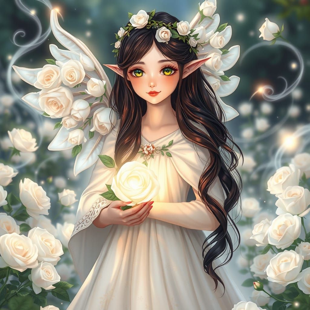 Ethereal Goddess Emerges Amidst White Roses