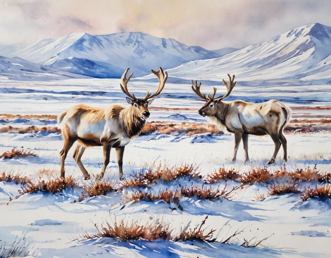 Reindeer on the Tundra in Watercolor Style