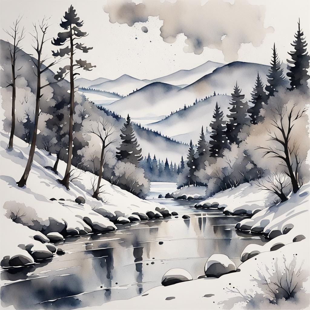 Monochrome Watercolor Snowy Landscape with River